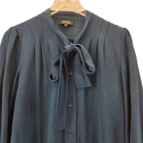 APC Shirt Dress Womens Large Tie Neck Marine Blue French Designer Minimalist - Picture 5 of 13